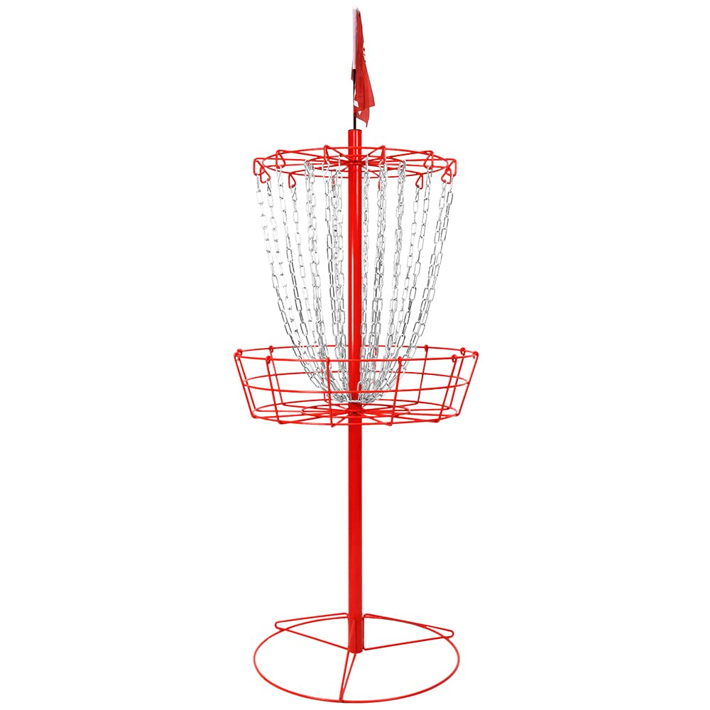 Remix Disc Golf Double Chain Basket red, side view, portable practice setup for anywhere