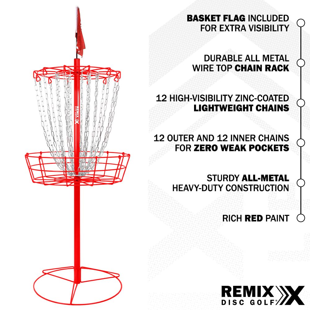 Remix Disc Golf Double Chain Basket red, top view, PDGA-ready dimensions for training