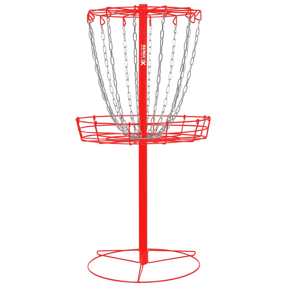 Remix Disc Golf red basket close-up shows durable, portable practice target.