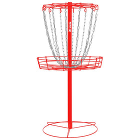 Remix Disc Golf red basket close-up shows durable, portable practice target.