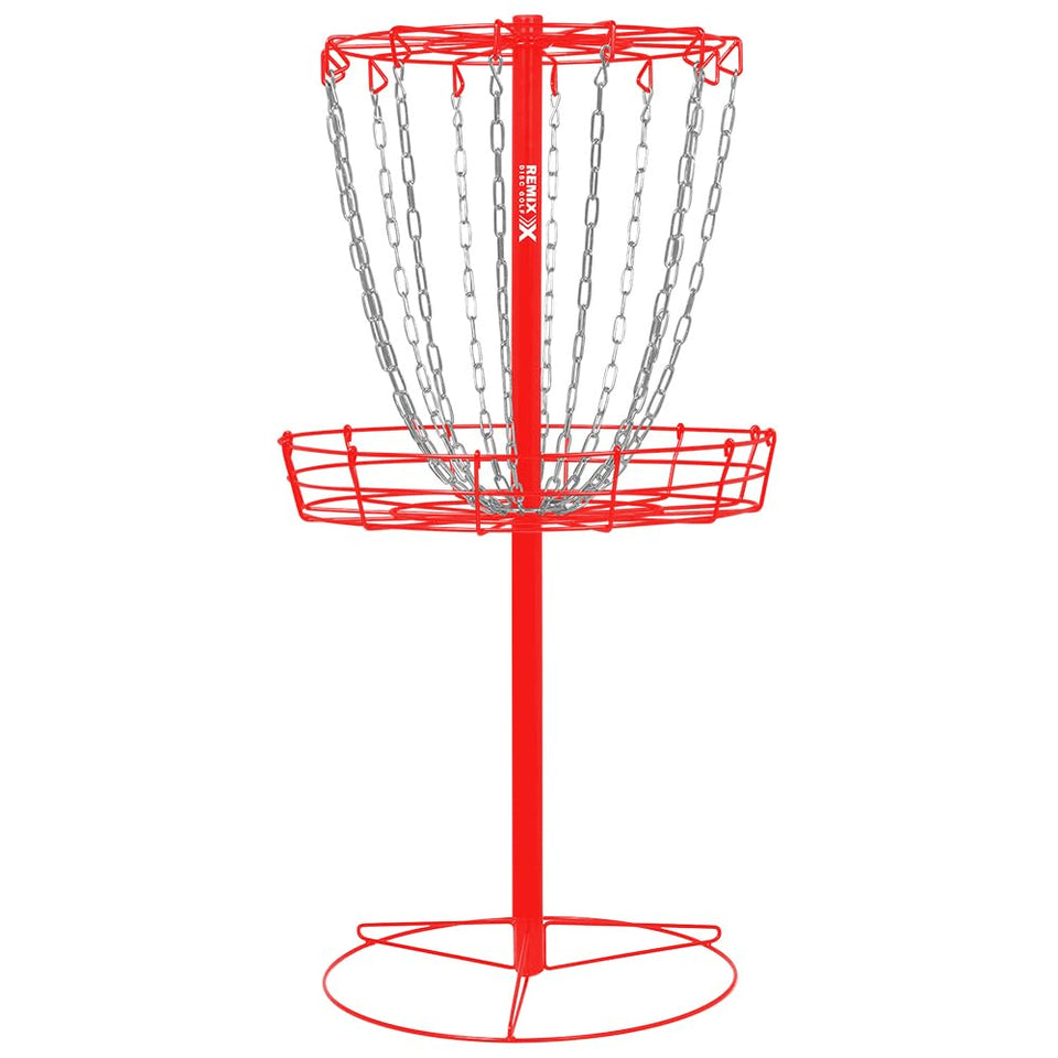 Remix Disc Golf red basket close-up shows durable, portable practice target.