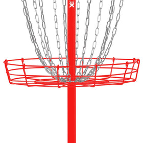 Remix Disc Golf red close-up emphasizes metal durability for long-lasting use.