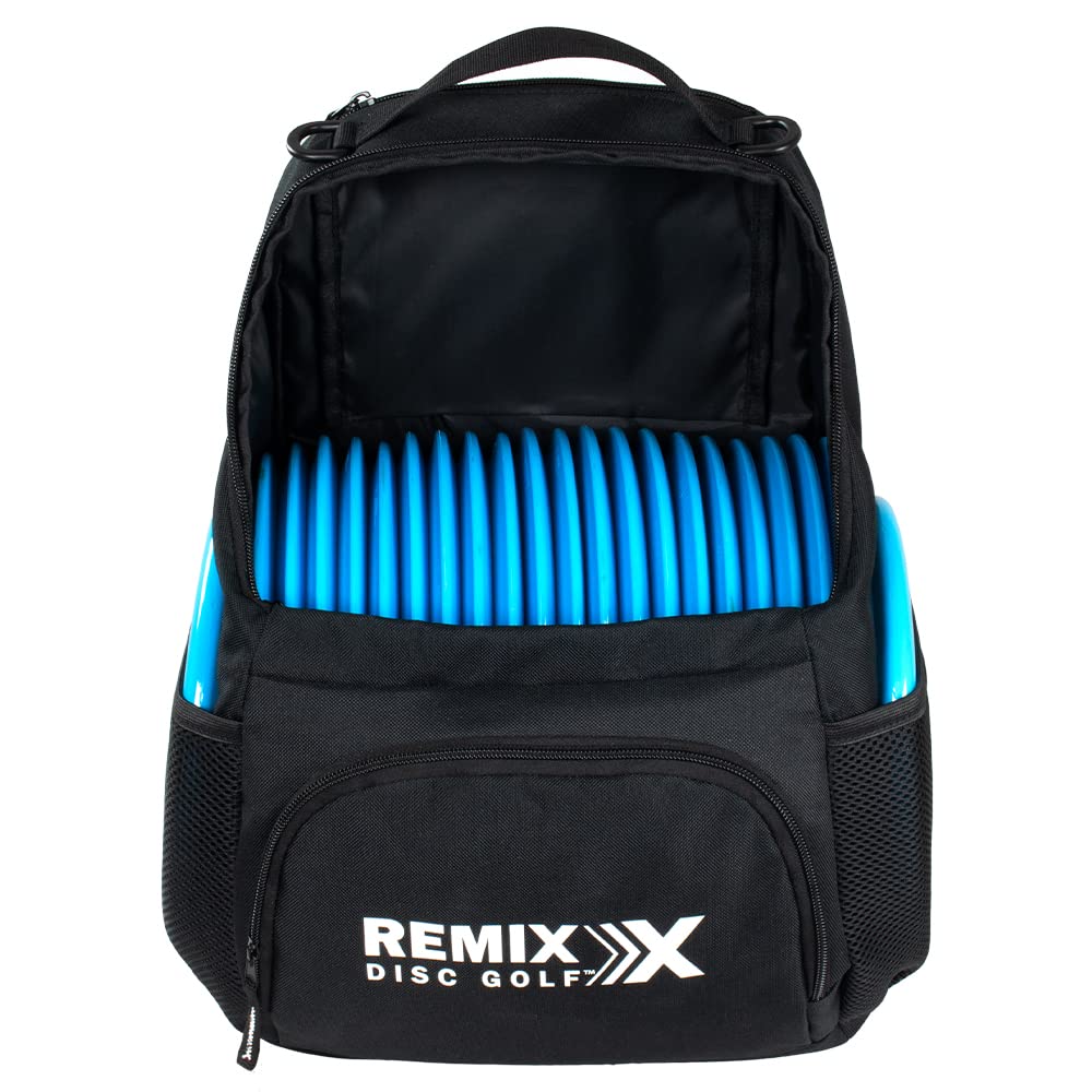Remix Disc Golf Starter Backpack in black, front view, compact yet roomy for discs.