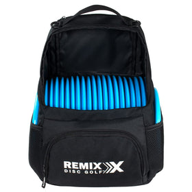 Remix Disc Golf Starter Backpack in black, front view, compact yet roomy for discs.