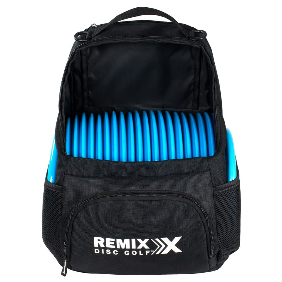 Remix Disc Golf Starter Backpack in black, front view, compact yet roomy for discs.