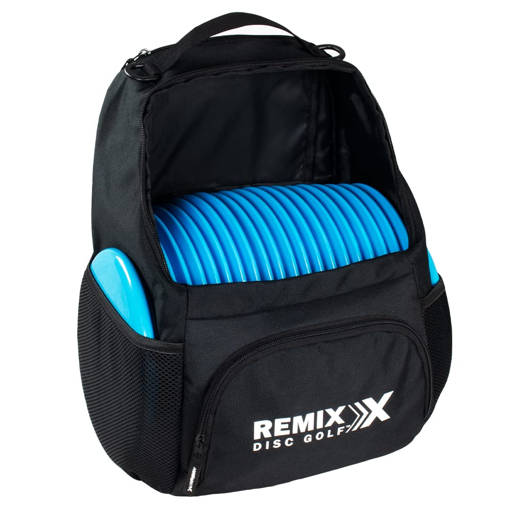 Remix Disc Golf Starter Backpack with side pockets for accessories and water bottle on the course.