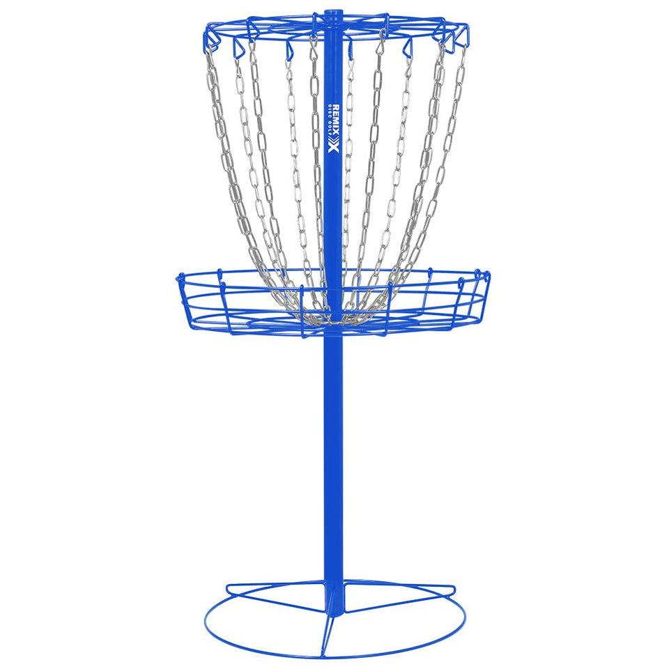 Remix single chain basket royal blue setup in yard for portable practice
