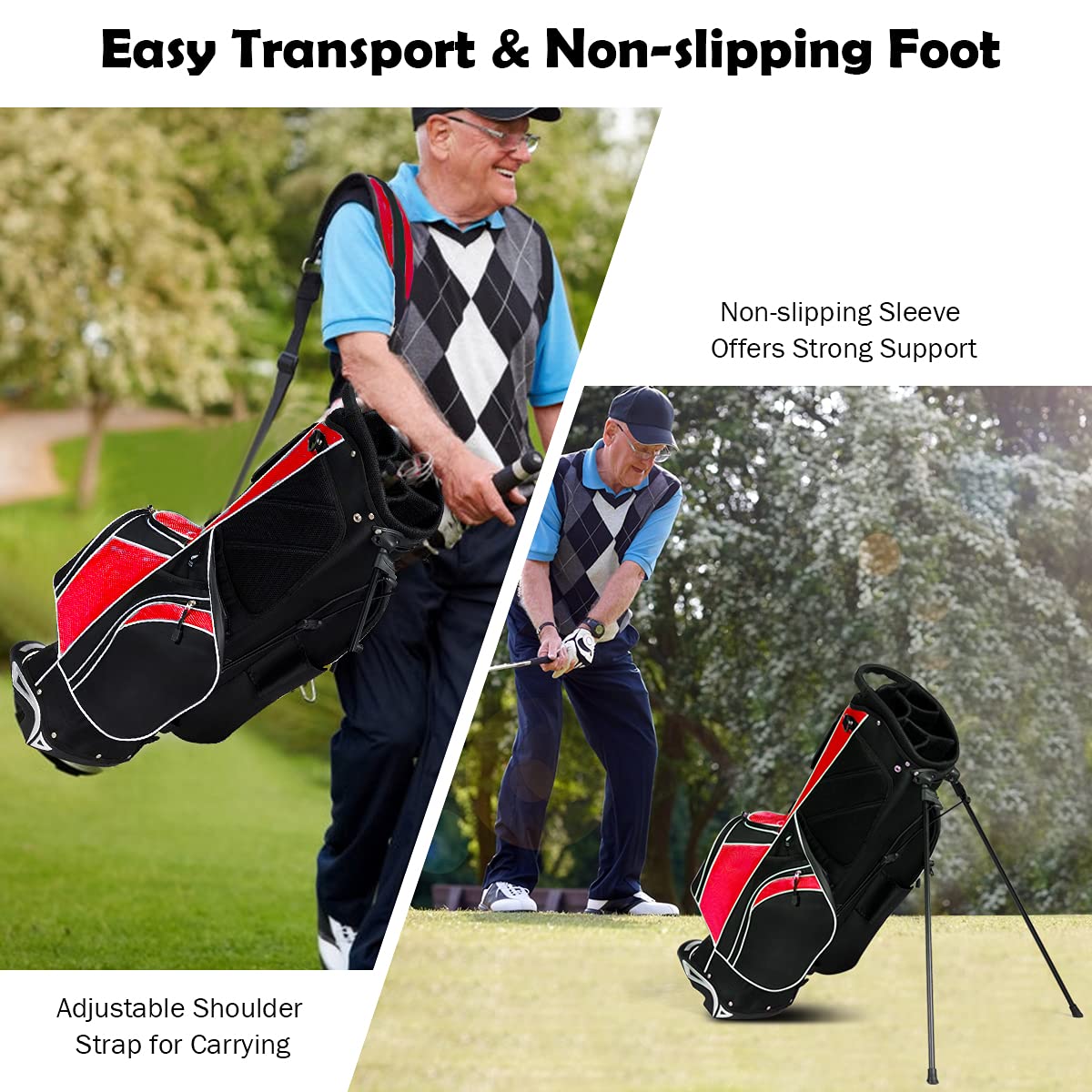 Renatone golf stand bag adjustable shoulder strap enhances carrying comfort.