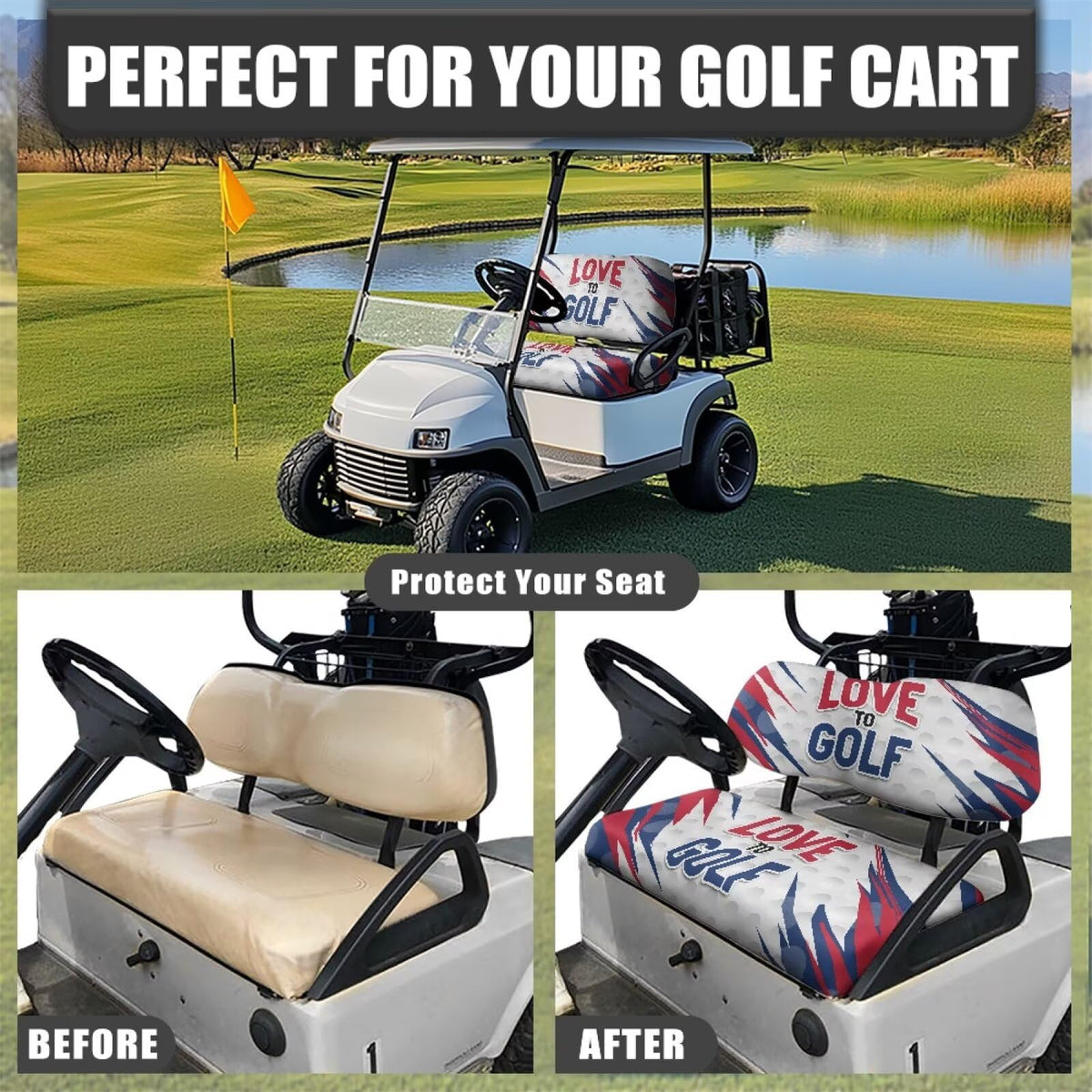 Renewold golf cart backrest cover with elastic-band secures a snug fit.