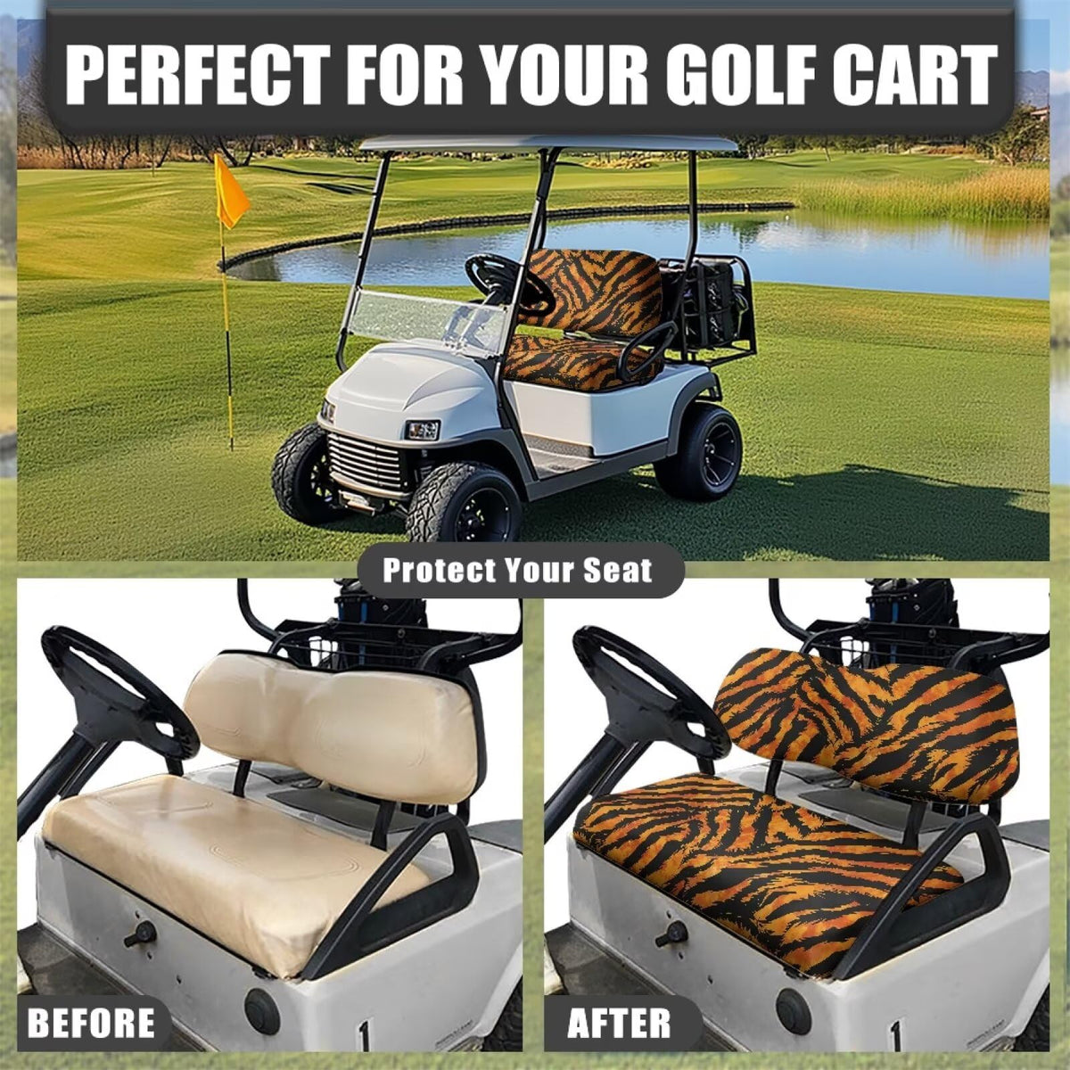 Renewold Tiger Print seat cover installed on a two-person cart interior