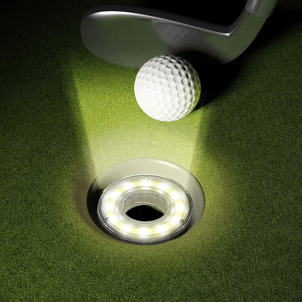 Retisee Glow Golf Hole Light illuminating cup and flag for precise aiming at night.