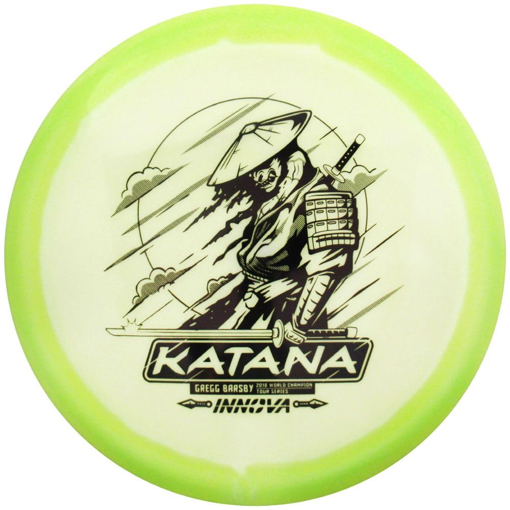 Revolution Disc Golf Innova Barsby Katana glow disc ideal for night rounds.