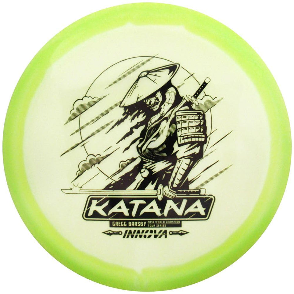 Revolution Disc Golf Innova Barsby Katana glow disc ideal for night rounds.