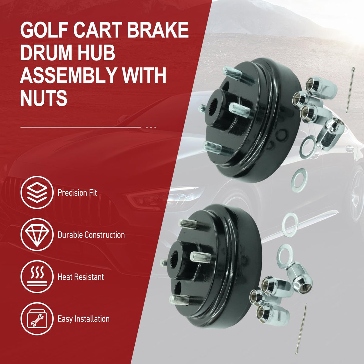 REVOTUNE brake drum hub kit showing included lug nuts for installation