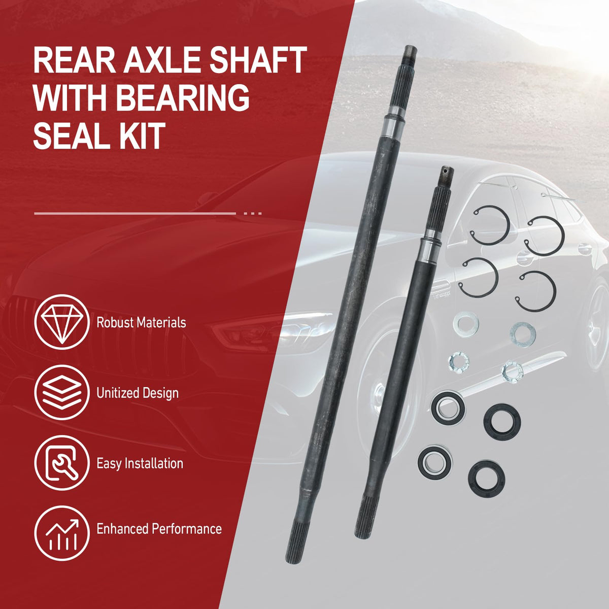 Driver-side axle shaft by REVOTUNE for EZGO TXT Medalist electric cart.