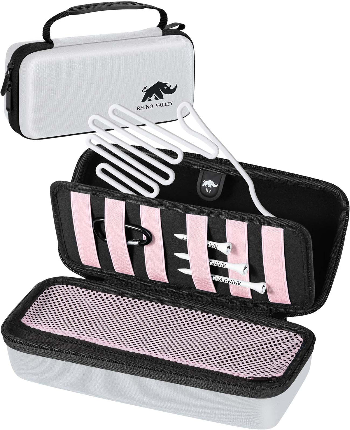 Rhino Valley Golf Glove Holder Case with mesh pocket for storing balls and tees.
