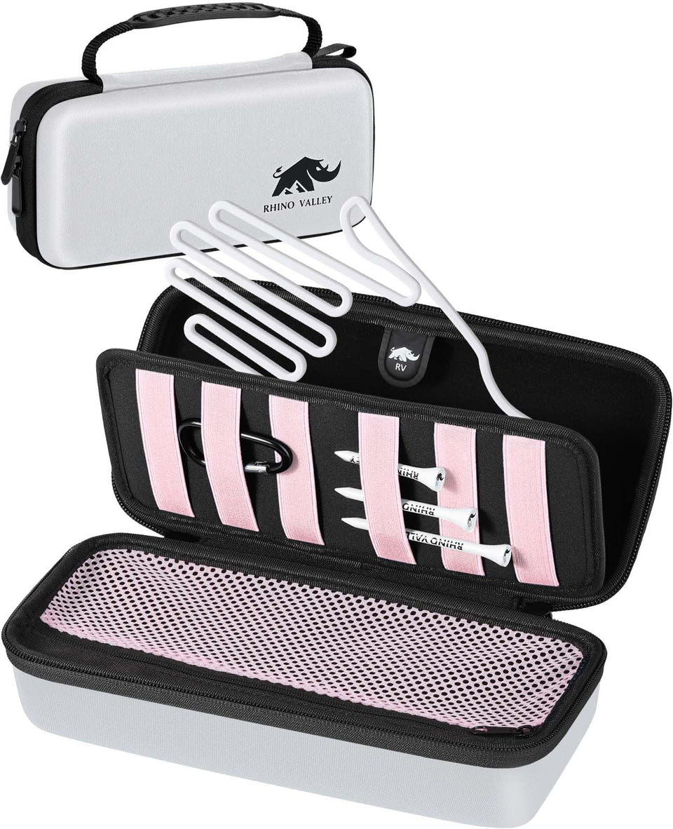 Rhino Valley Golf Glove Holder Case with mesh pocket for storing balls and tees.