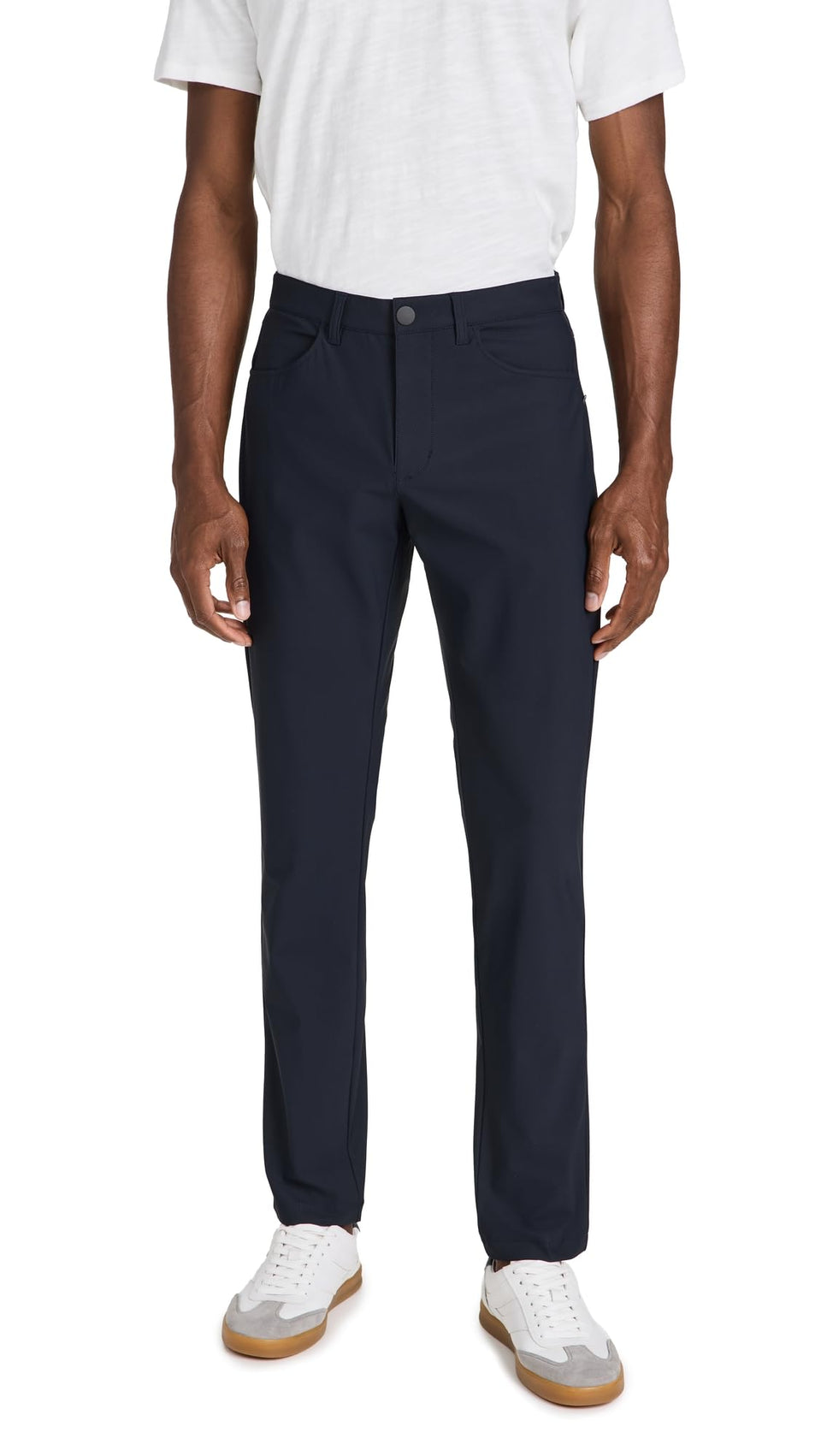 Rhone Momentum Golf Pants front view in true navy showing lightweight stretch.