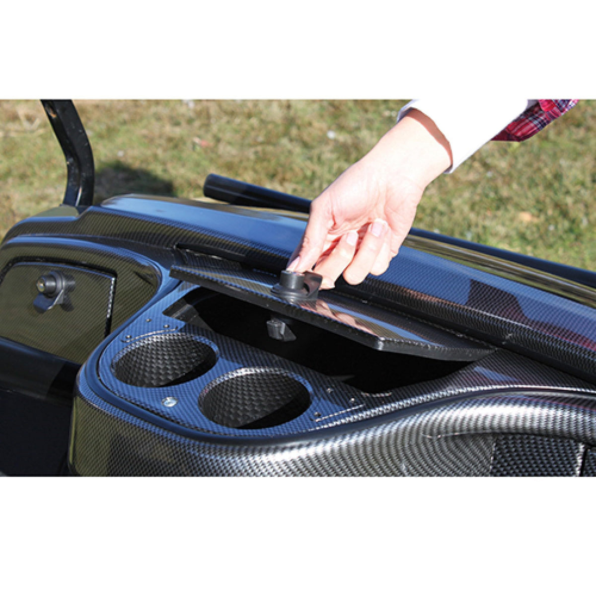RHOX Red Hawk dash compartment for Yamaha Drive with carbon fiber finish provides locked, secure storage