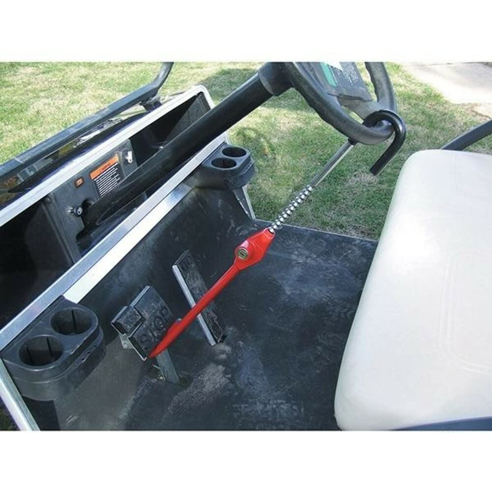 RHOX golf cart pedal-to-wheel lock in front view deterring theft.