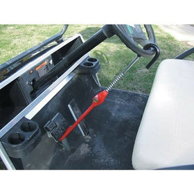 RHOX golf cart pedal-to-wheel lock in front view deterring theft.