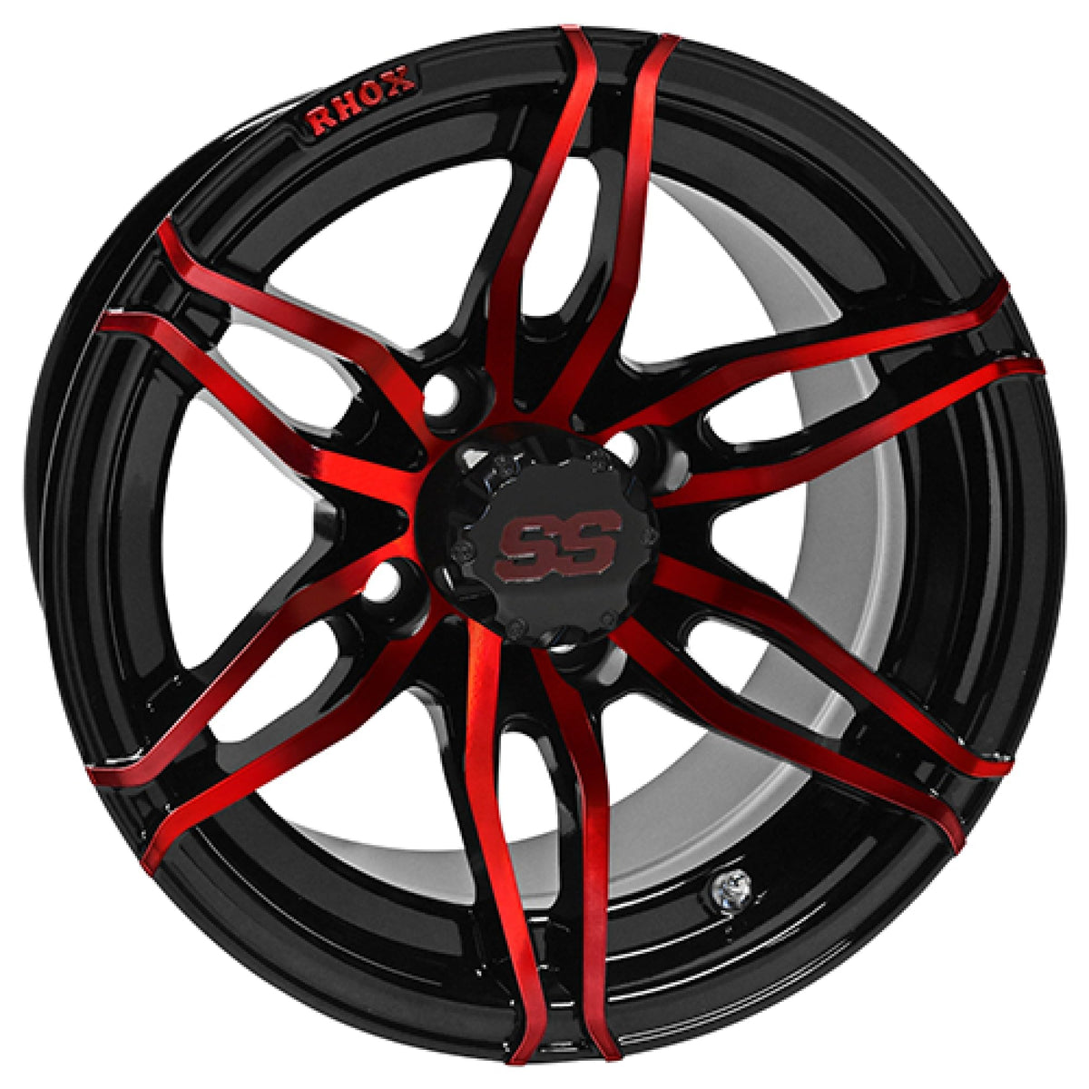 Rhox Red Hawk TIR-RX377-BR wheel in gloss black with red accents for golf carts.