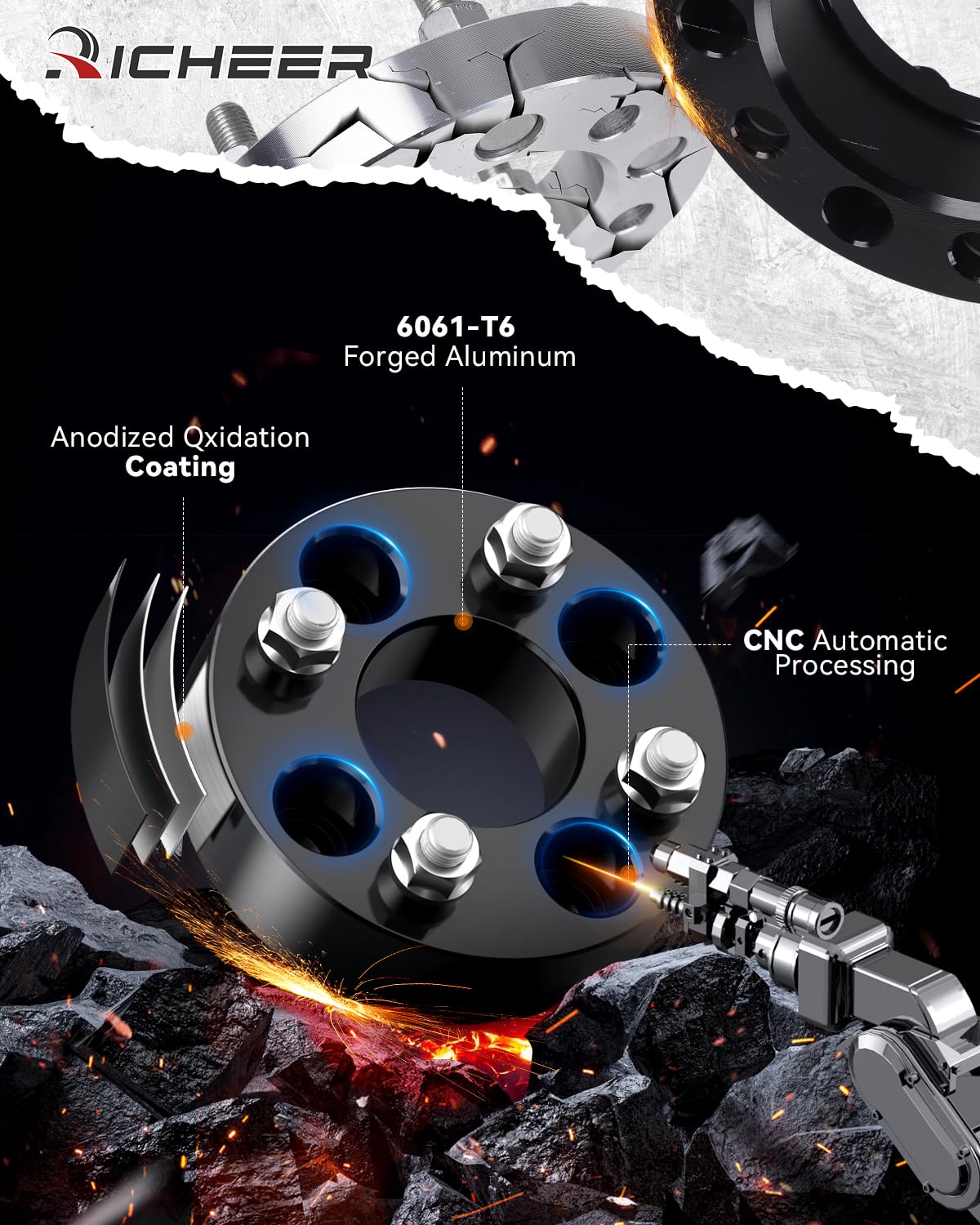 Richeer Grade 12.9 studs provide durable wheel mounting on spacers.