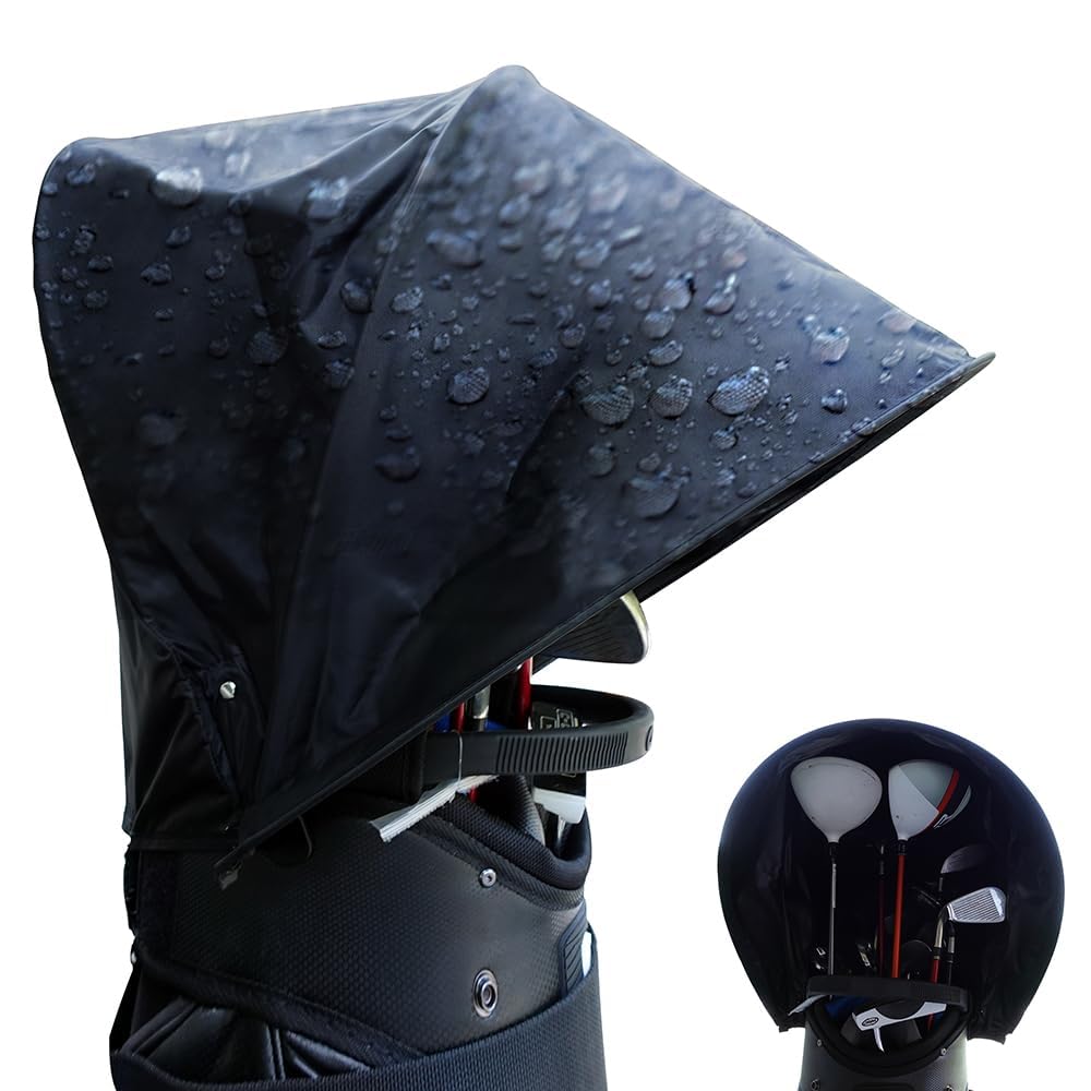 Ride On To Go golf bag rain cover over top frame enables quick, zip-free protection