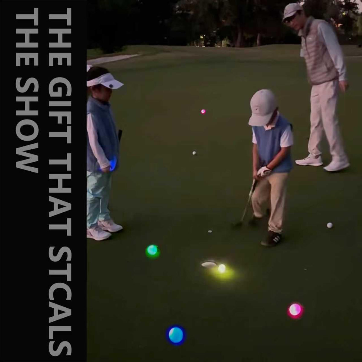 Rideontogo light-up golf balls glow on the green at dusk for visibility