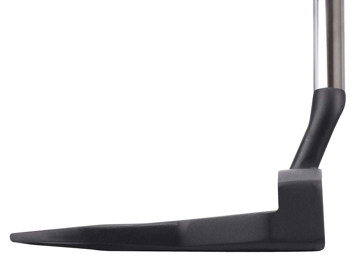 Rife RG7 dual non-adjustable sole weights balance putter during stroke.