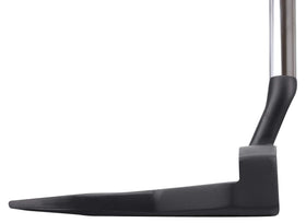 Rife RG7 dual non-adjustable sole weights balance putter during stroke.