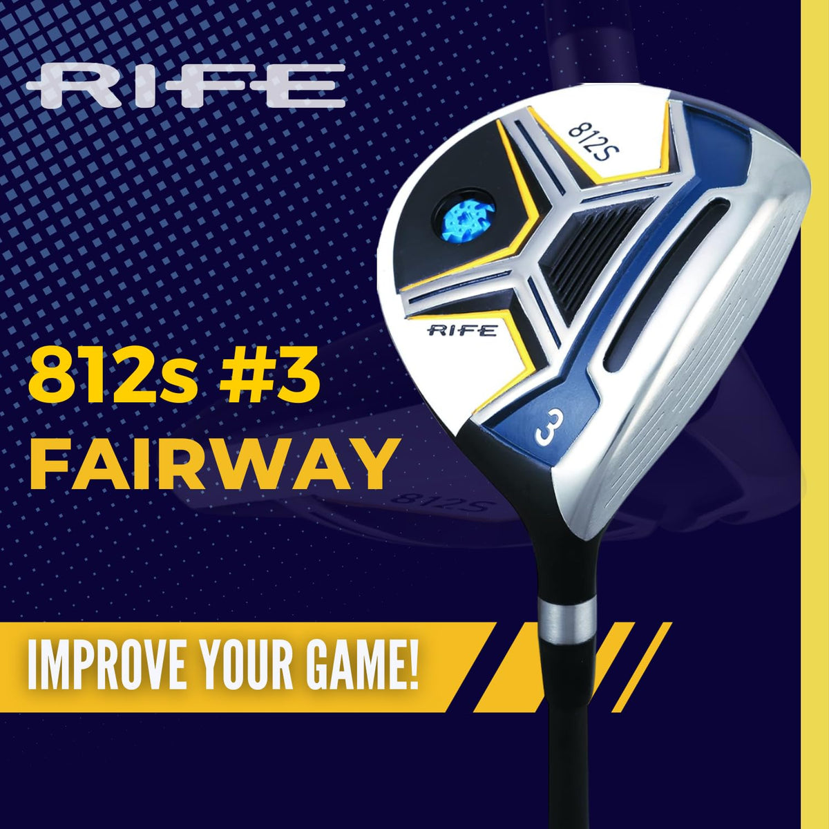 Rife Golf Senior 812s 3 Wood head view shows aero shape for faster speeds