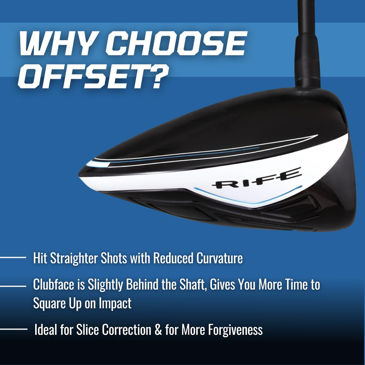 Rife Offset RX7 460cc head image highlights large forgiving hitting area