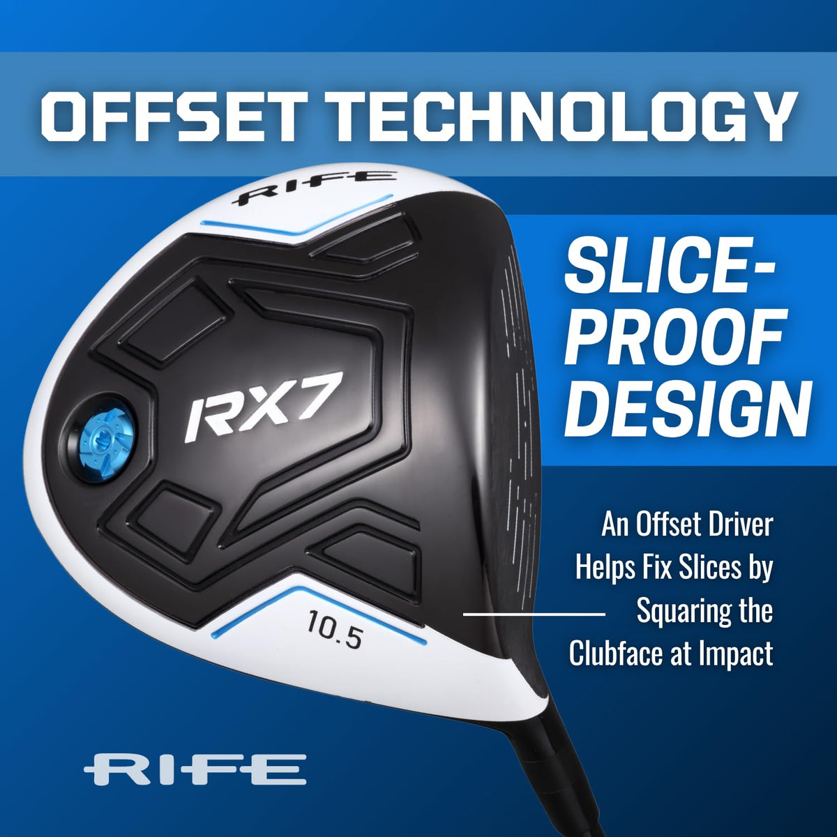 Rife Offset RX7 driver face close-up highlights design to reduce slice tendencies
