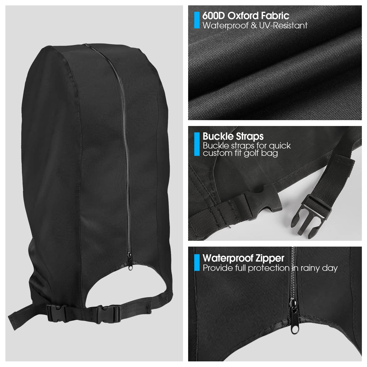 Rilime rain cover with water-resistant zipper enables quick one-handed club access