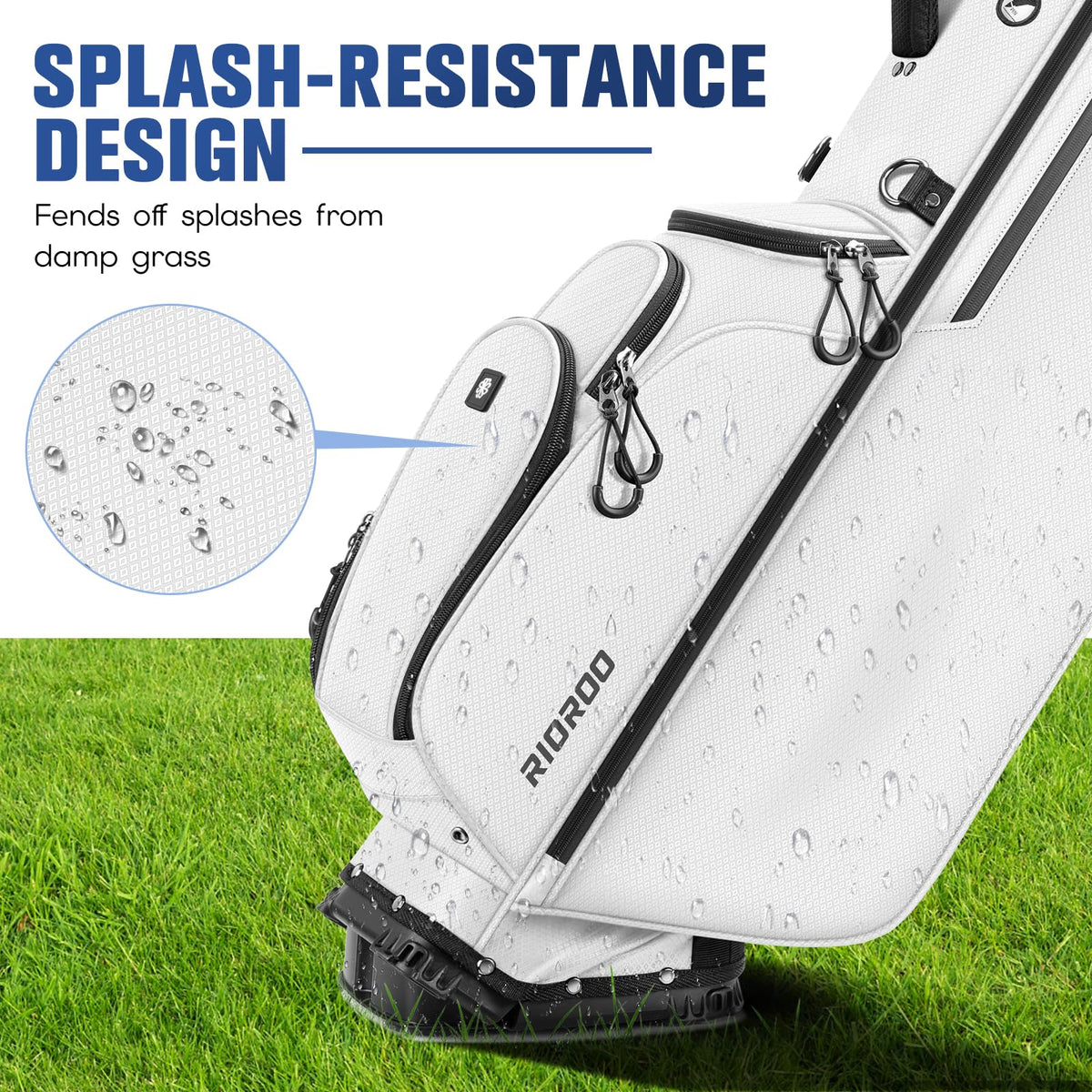 RIOROO bag shows six zipped pockets for organized storage on greens.