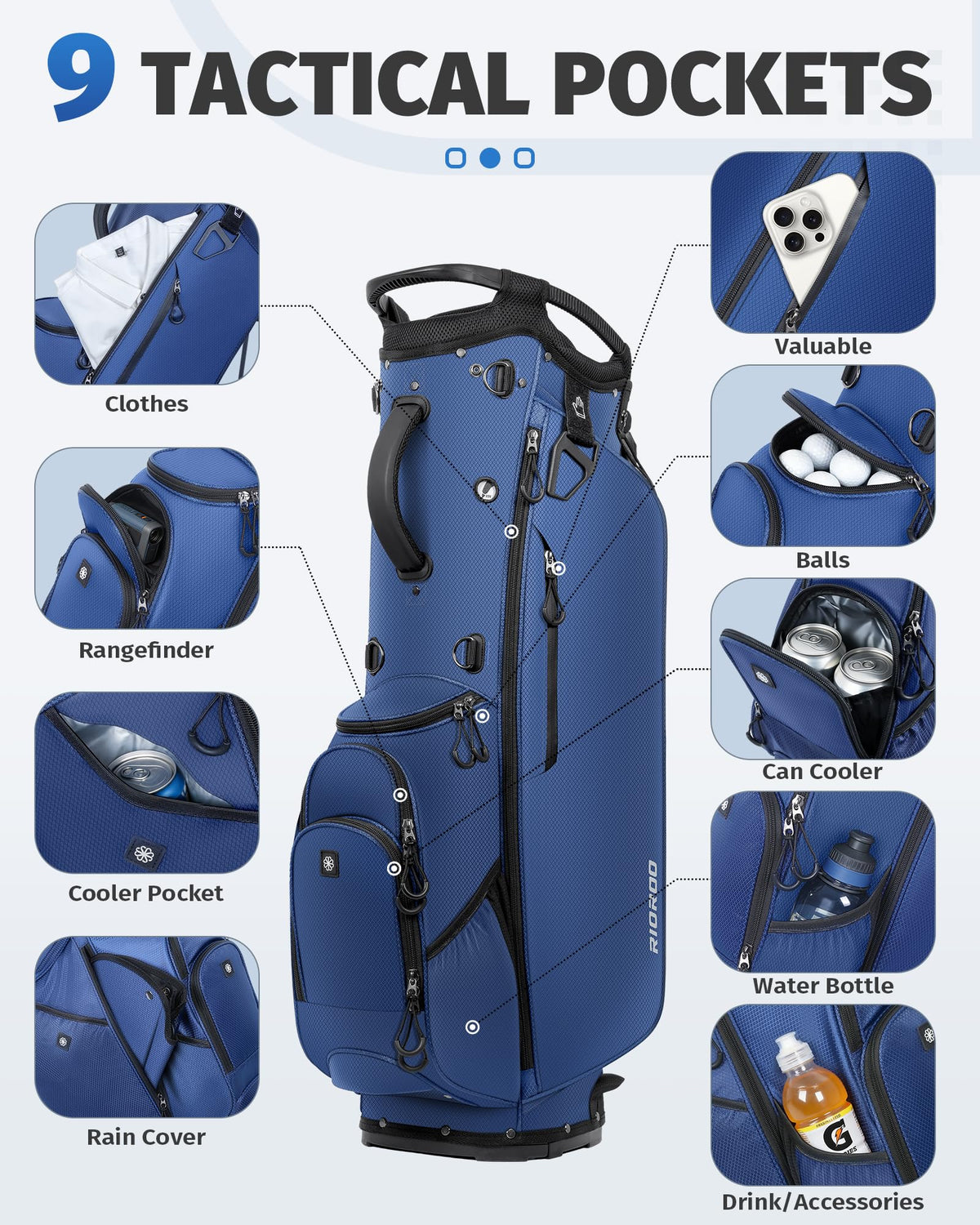 RIOROO 9-pocket bag includes insulated cooler pocket for drinks.