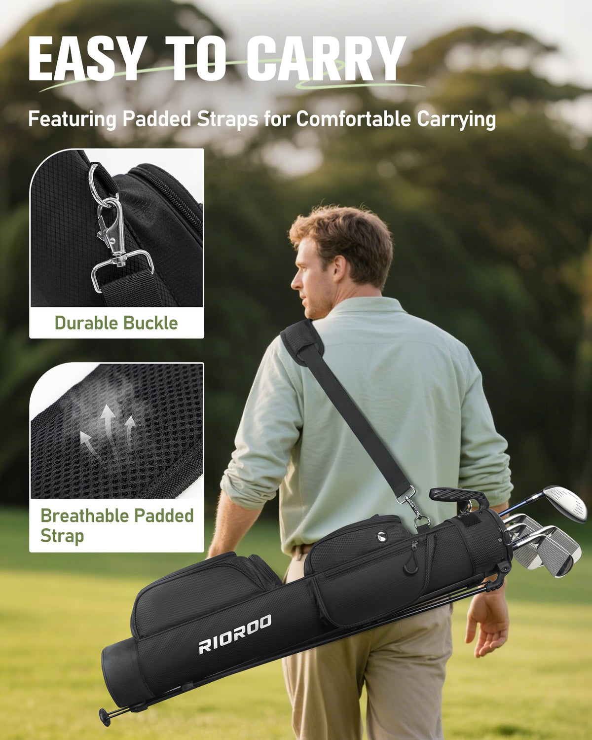 RIOROO Golf Stand Bag anti-slip stand on varied terrain for stable setups