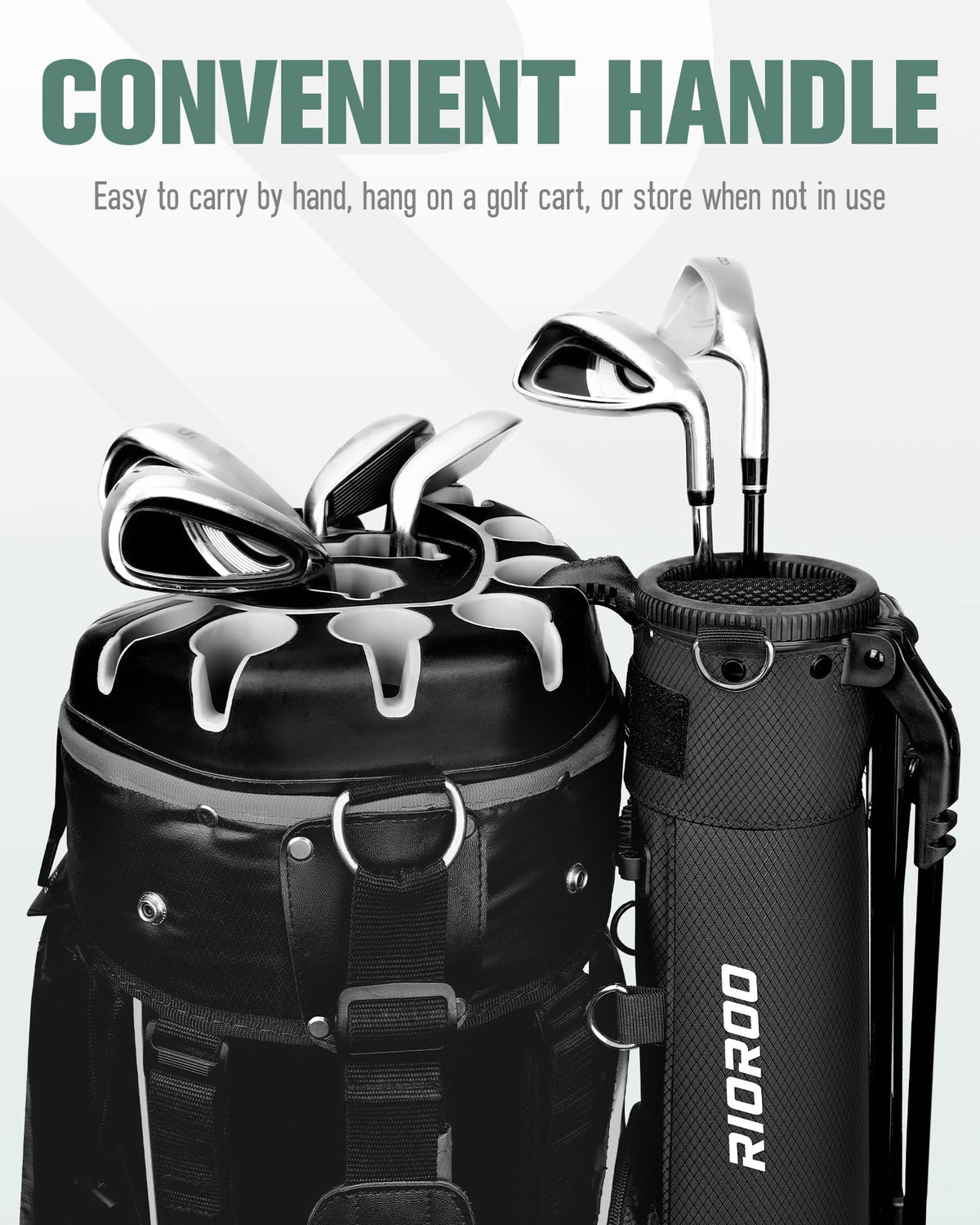 RIOROO Golf Stand Bag two-way stand deployment for stable support on varied terrain.