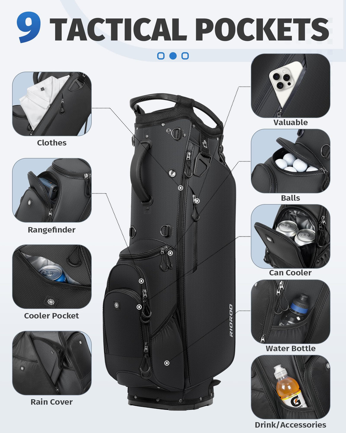 RIOROO lightweight breathable golf bag highlighting easy carry and cooling feel.