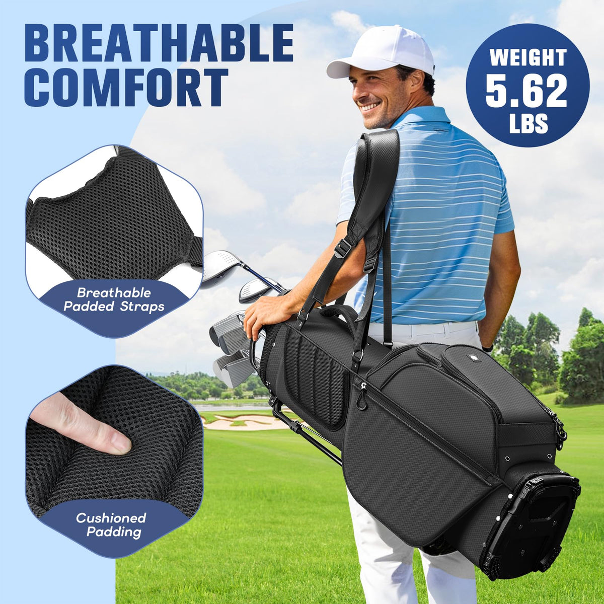 RIOROO lightweight golf bag for comfortable carry between holes.