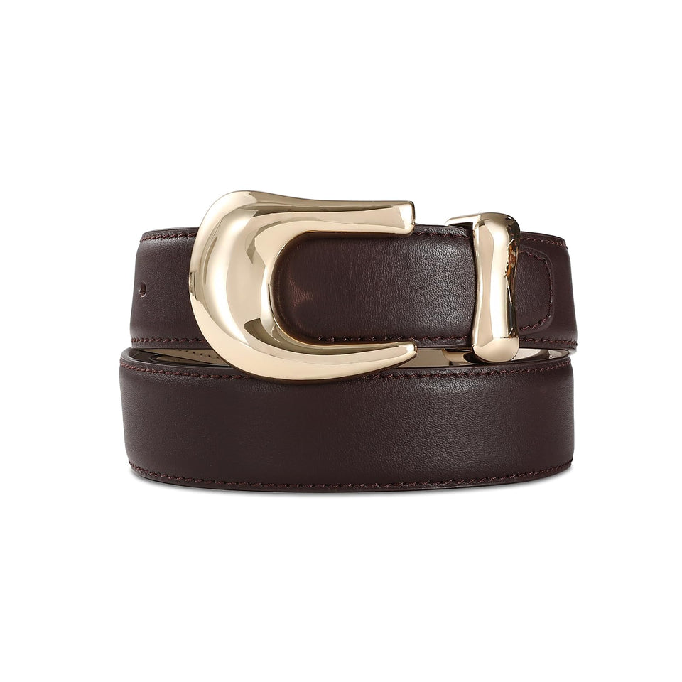 RISANTRY burgundy leather belt with gold oval buckle, elevates everyday outfits.