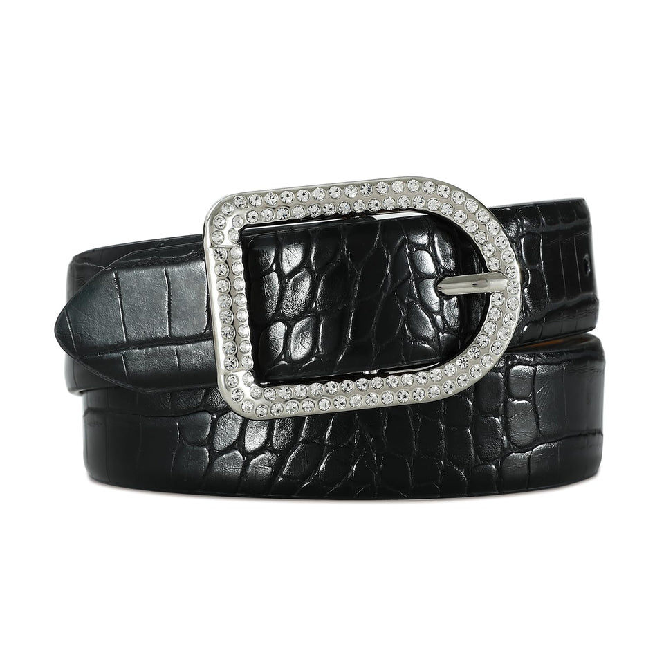 RISANTRY women's black belt with crocodile texture and rhinestone buckle for a polished look.