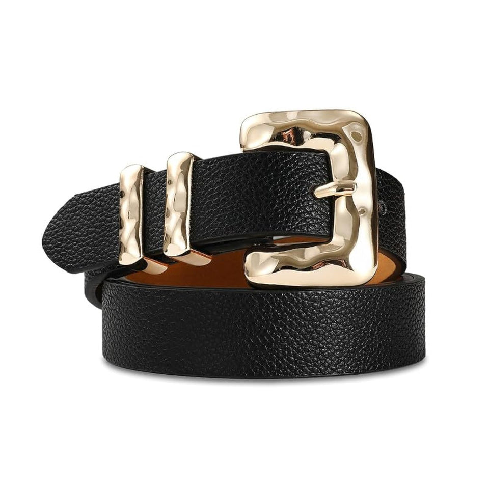 RISANTRY women's black skinny belt with gold buckle on outfit for versatile style