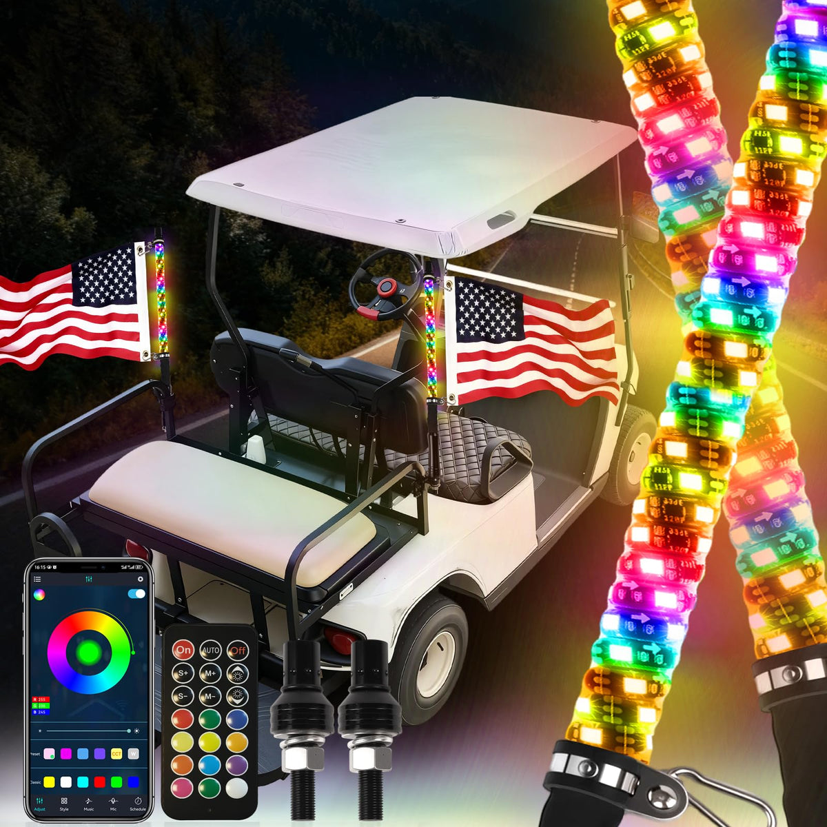 RIZINKART 2ft whip light kit front view for enhanced night visibility.