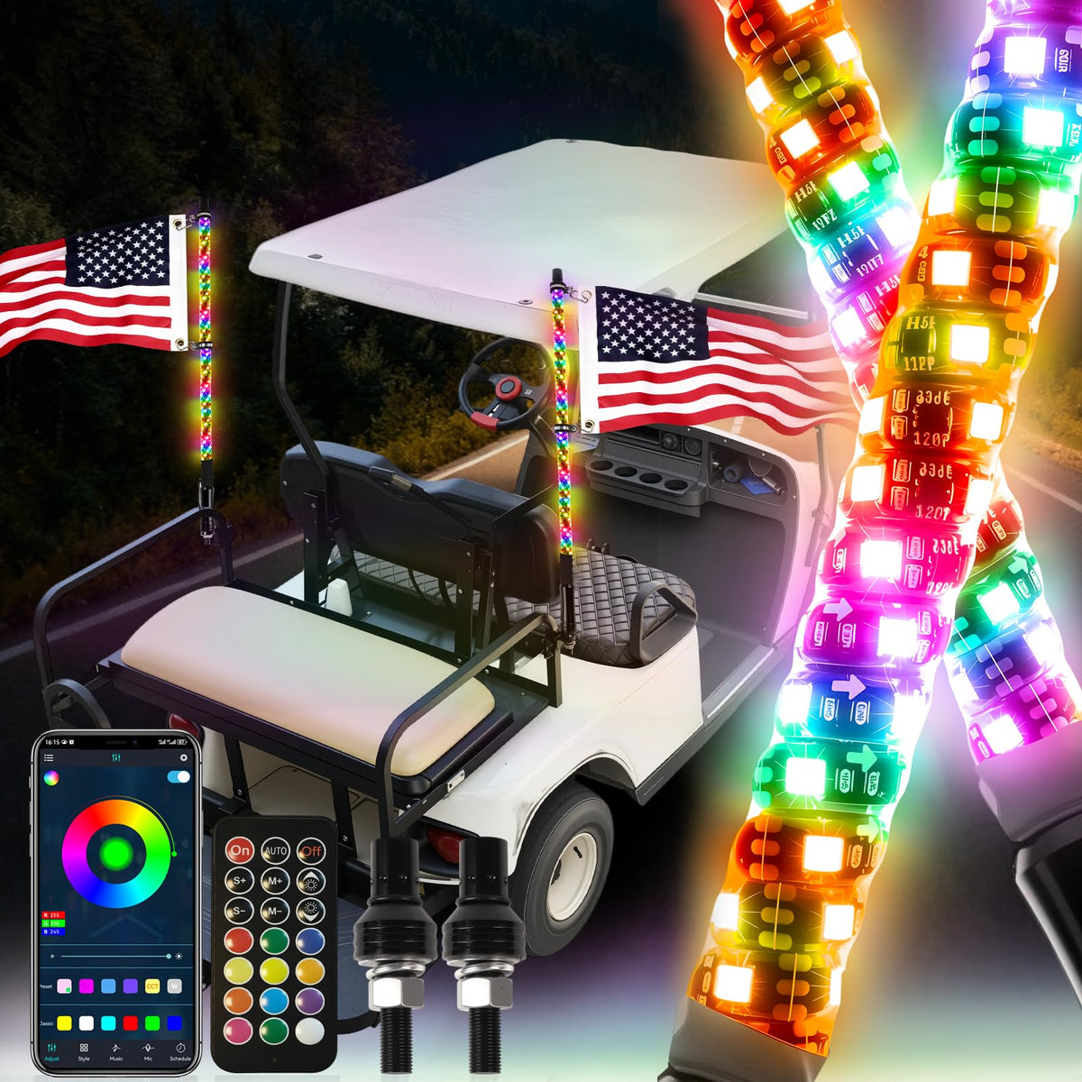 RIZINKART 2pcs 3ft whip lights for bright, customizable golf cart visibility.