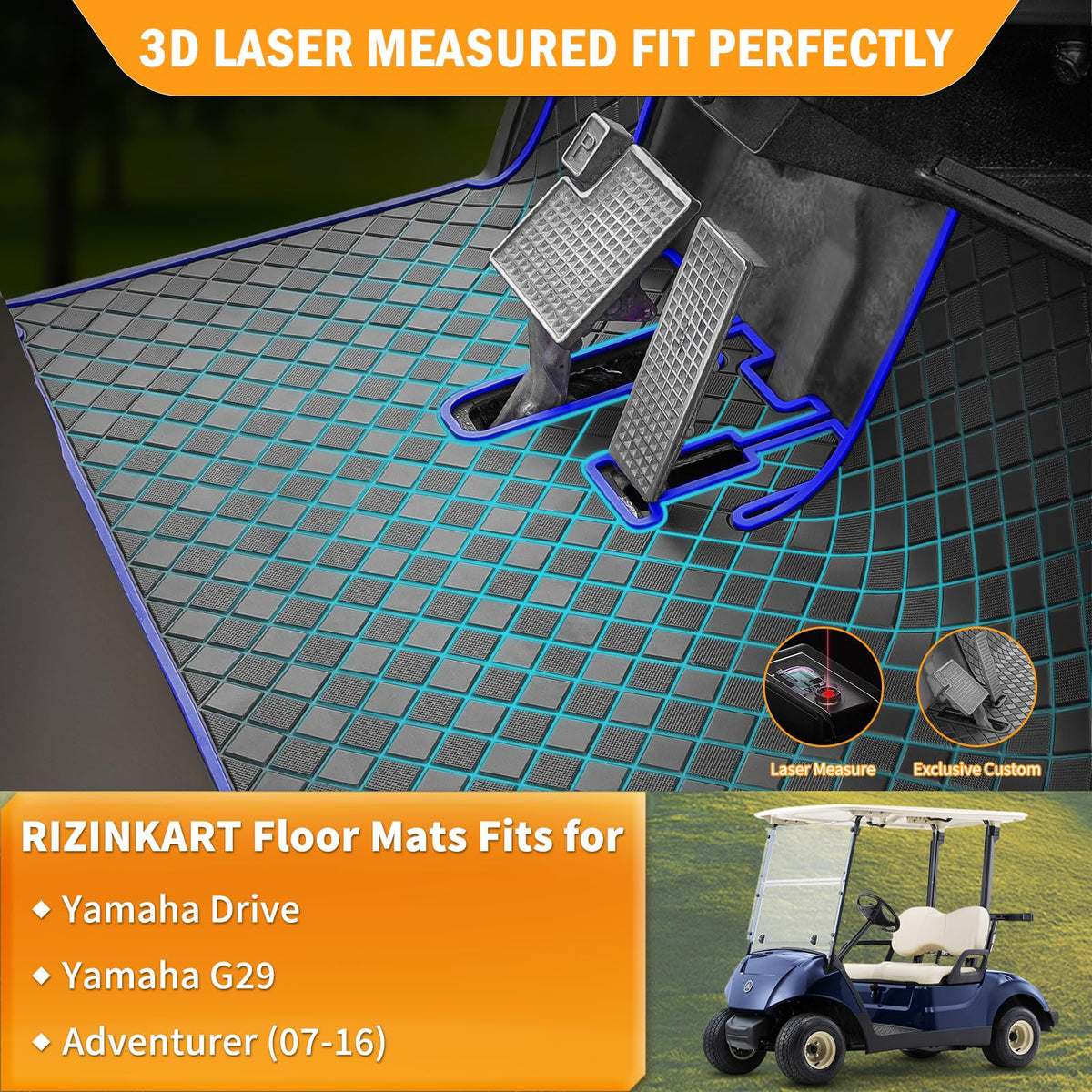 RIZINKART blue-trim floor mat on Drive Gen1 highlighting precise fit and look