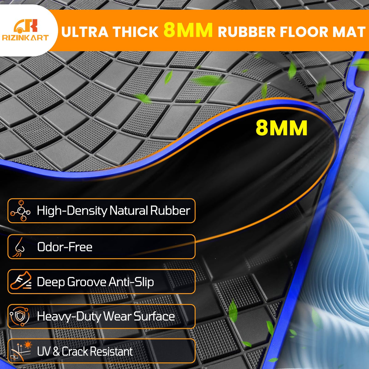 RIZINKART anti-slip diamond texture enhances grip on the mat surface