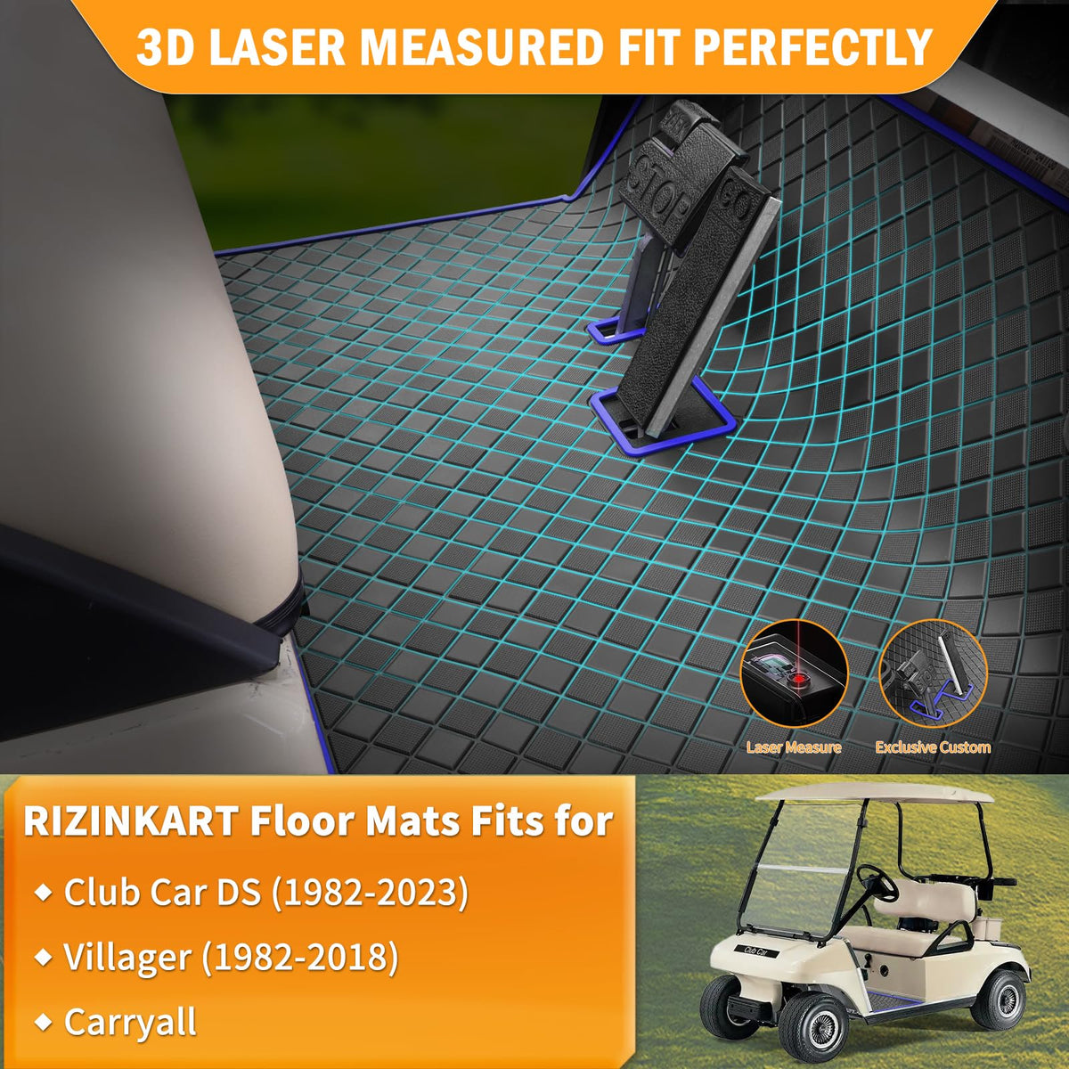 RIZINKART Club Car DS floor mat side profile highlights durable 8mm rubber