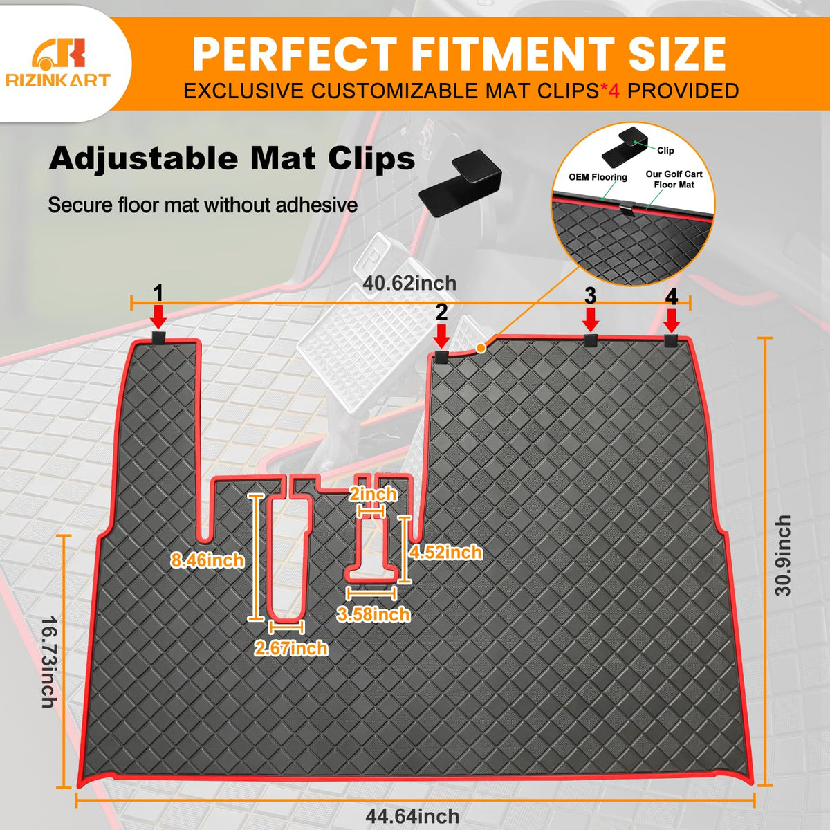 RIZINKART red-trim floor mat adds rugged style and durable protection.